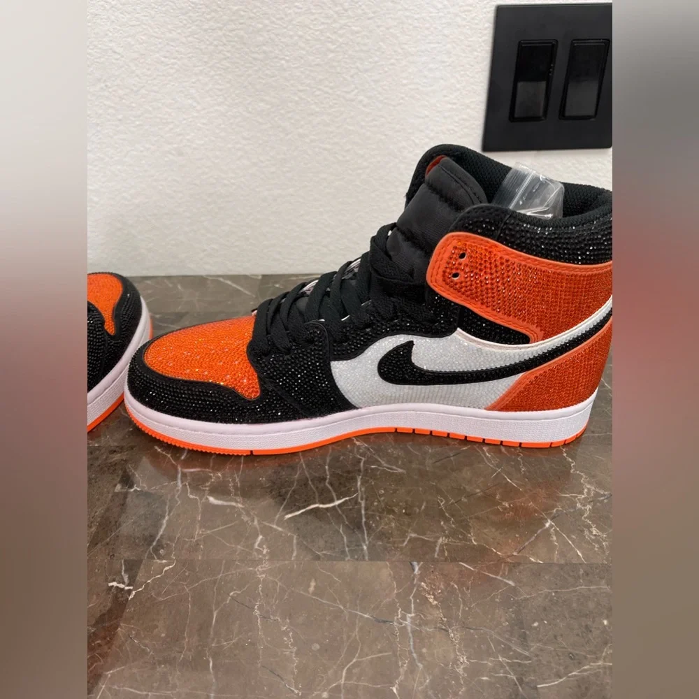 Custom Black, Orange & White Rhinstone Nike Air Jordan Sneakers, Men's 8/ Womens